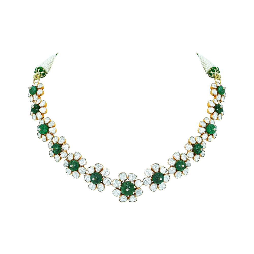 Polki Necklace with Emerald Accents and Blooming Design